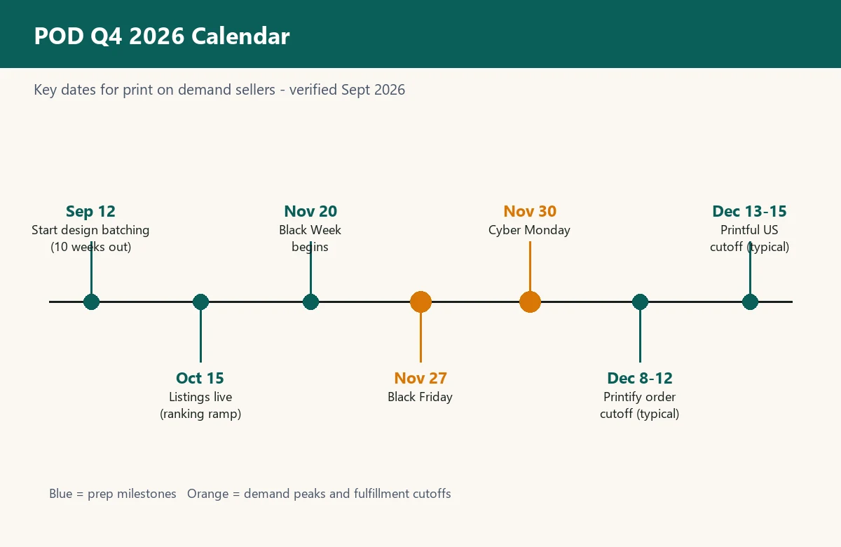 POD Q4 2026 calendar timeline showing Black Friday November 27 and Cyber Monday November 30 alongside Printful and Printify order cutoffs