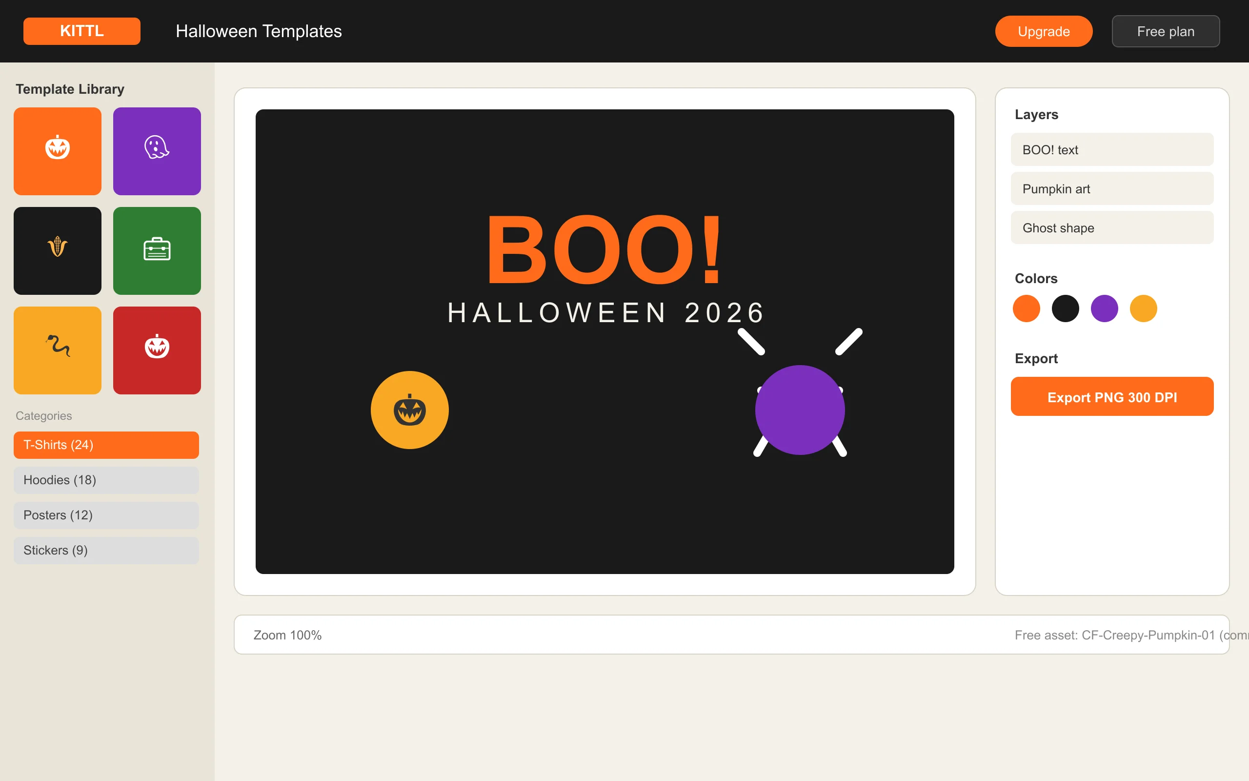 Kittl-style Halloween template library with t-shirt, hoodie, poster and sticker categories
