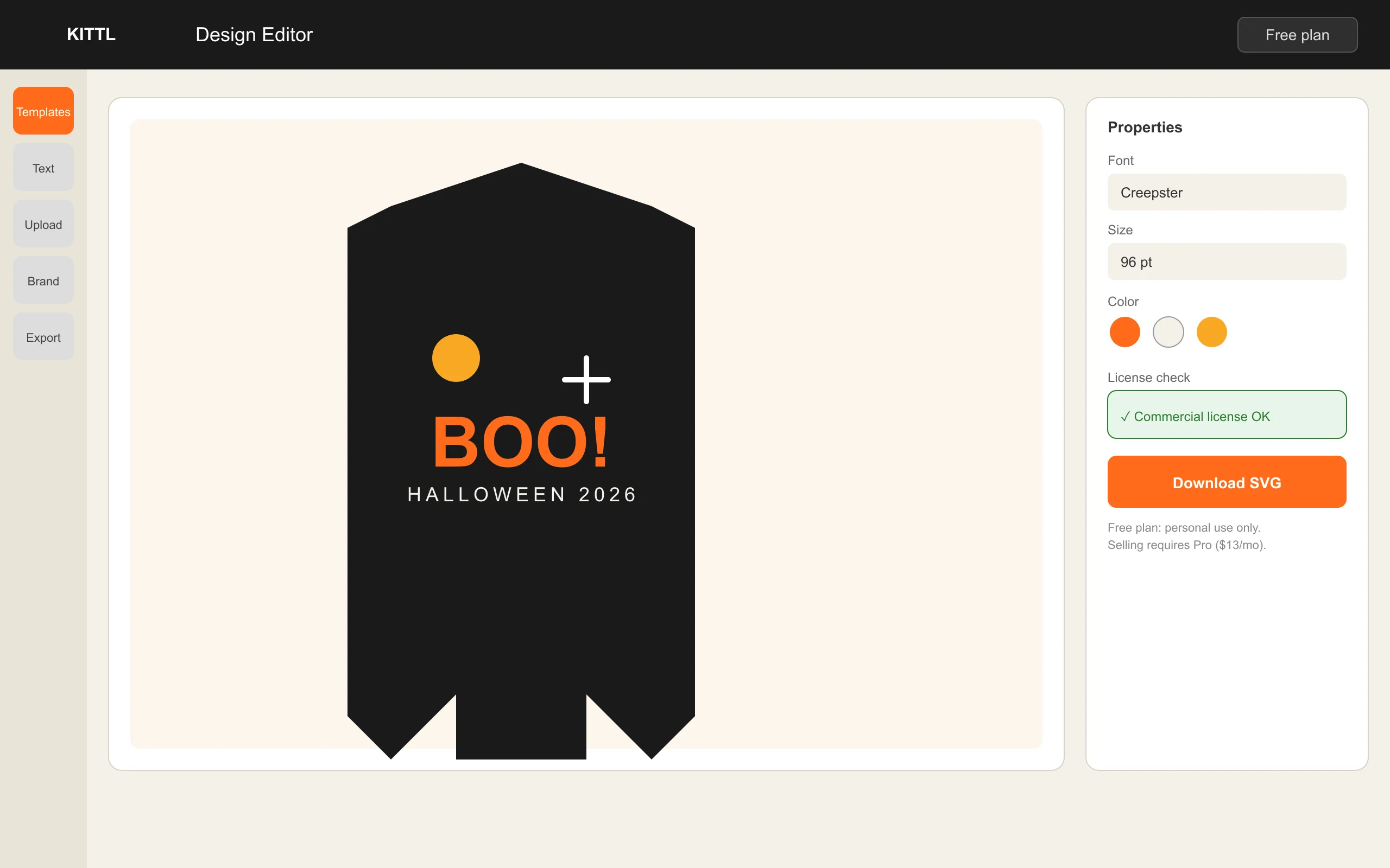 Design editor canvas with BOO! Halloween t-shirt design, font and license-check panels