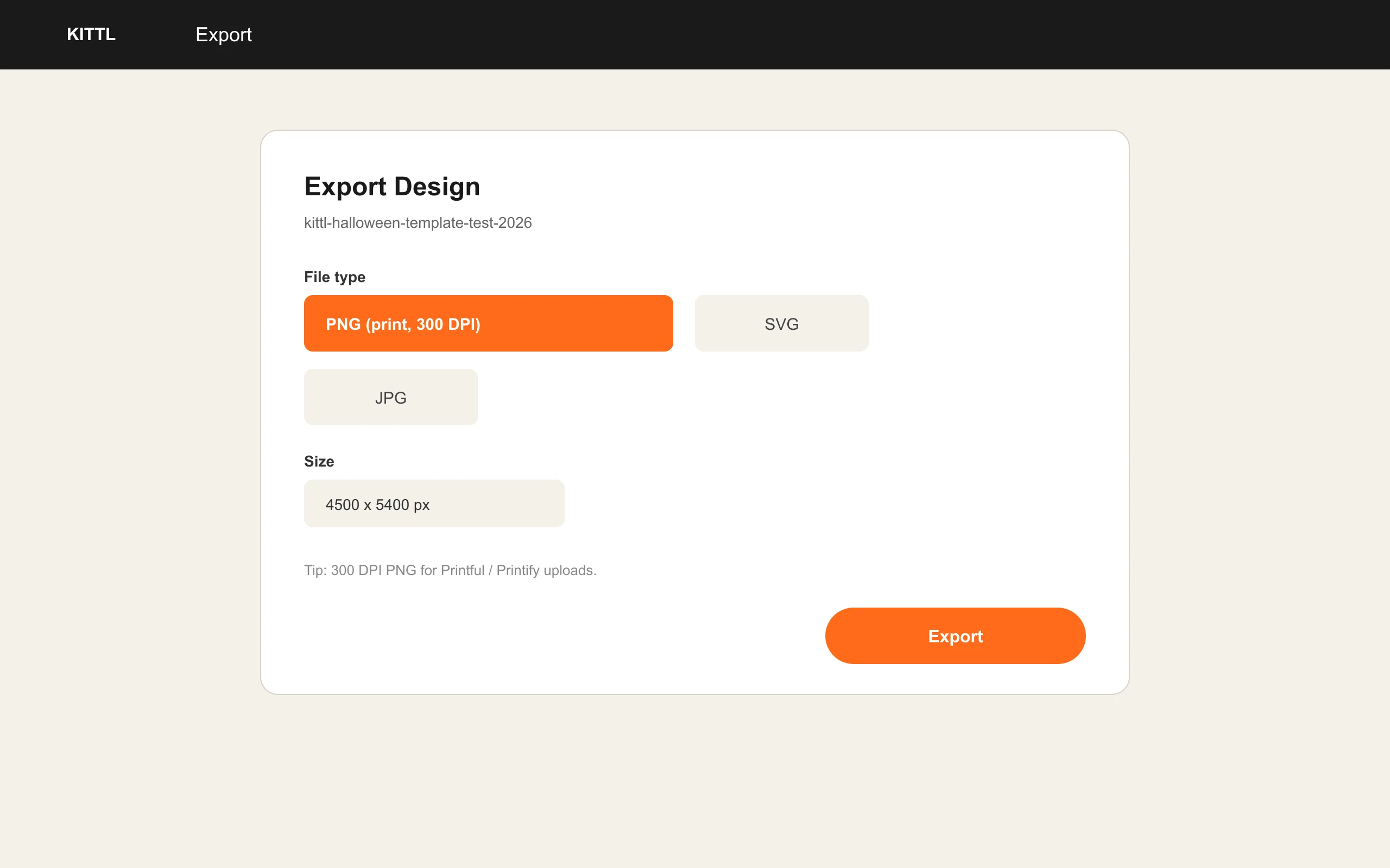 Export dialog with 300 DPI PNG, SVG and JPG options for print-on-demand uploads